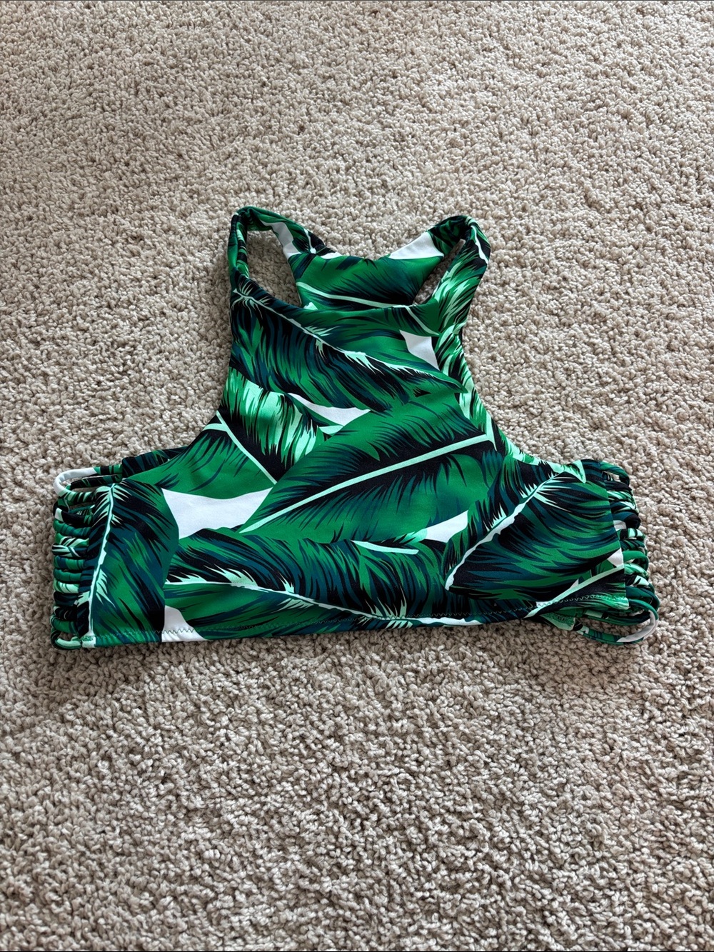 Green Tropical Leaf High Neck Bikini Top
